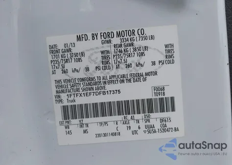 2013 Ford F-150 Xlt из США, поврежденный, VIN 1FTFX1EF7DFB17375